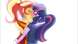 Size: 1366x768 | Tagged: safe, artist:jase1505, sci-twi, sunset shimmer, twilight sparkle, series:sunlight horizons, equestria girls, alternate costumes, alternate hairstyle, blushing, clothes, dancing, dress, eyes closed, female, kissing, lesbian, scitwishimmer, shipping, simple background, sunsetsparkle, youtube link