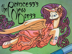 Size: 1304x988 | Tagged: safe, artist:andypriceart, idw, rarity, alicorn, pony, spoiler:comic42, alicornified, clothes, comic panel, dress, female, headdress, horn, horn jewelry, jewelry, lidded eyes, mare, modern art, nouveau, official comic, princess rarity, prone, race swap, raricorn, regalia, smiling, solo, the emperor's new clothes