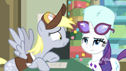 Size: 1920x1080 | Tagged: safe, screencap, derpy hooves, rarity, pegasus, pony, unicorn, best gift ever, clothes, duo, female, glasses, hat, mailmare hat, mare, post office, uniform