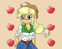 Size: 997x798 | Tagged: safe, artist:nekojackun, applejack, equestria girls, clothes, cowboy hat, denim skirt, freckles, glasses, hat, looking at you, skirt, solo, stetson