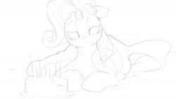 Size: 1280x720 | Tagged: safe, artist:bluedrg19, rarity, pony, unicorn, birthday cake, cake, candle, floppy ears, food, lidded eyes, looking at you, lying down, monochrome, on side, plate, prone, sketch, smiling, solo