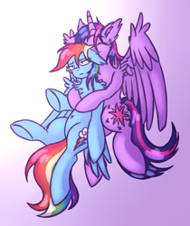 Size: 1050x1250 | Tagged: safe, artist:shad0w-galaxy, derpibooru import, rainbow dash, twilight sparkle, twilight sparkle (alicorn), alicorn, pegasus, pony, chest fluff, ear fluff, female, hug, lesbian, mare, parent:twilight sparkle, shipping, smiling, twidash