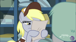 Size: 960x540 | Tagged: safe, screencap, derpy hooves, rarity, pegasus, pony, unicorn, best gift ever, female, hat, mailmare hat, mare, narrowed eyes, reading, solo focus