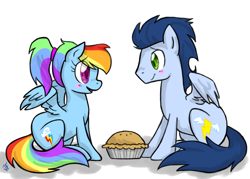 Size: 979x700 | Tagged: safe, artist:hahasauce, derpibooru import, rainbow dash, soarin', pegasus, pony, alternate hairstyle, backwards cutie mark, blushing, female, male, old cutie mark, pie, ponytail, shipping, soarindash, straight, that pony sure does love pies