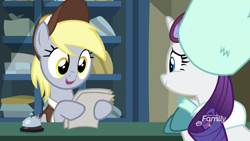 Size: 1920x1080 | Tagged: safe, screencap, derpy hooves, rarity, pegasus, pony, unicorn, best gift ever, bell, clothes, discovery family logo, female, hat, mailmare, mailmare hat, mare, open mouth, paper, post office, reading, uniform