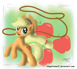 Size: 2000x1800 | Tagged: safe, artist:niegelvonwolf, applejack, earth pony, pony, lasso, mouth hold, rearing, solo