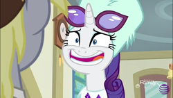 Size: 960x540 | Tagged: safe, screencap, derpy hooves, rarity, pony, unicorn, best gift ever, awkward smile, cute, faic, female, glasses, hat, majestic as fuck, mare, raribetes