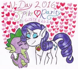 Size: 2172x1920 | Tagged: safe, artist:gilster262, rarity, spike, dragon, pony, unicorn, cuddling, eyes closed, female, hearts and hooves day, male, shipping, snuggling, sparity, straight, traditional art, valentine's day