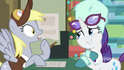 Size: 1920x1080 | Tagged: safe, screencap, derpy hooves, rarity, pegasus, pony, unicorn, best gift ever, bipedal, bipedal leaning, boots, cash register, christmas, christmas lights, clothes, duo, female, gasp, hat, holiday, leaning, mailmare hat, mare, open mouth, paper, post office, shirt, shoes, smiling, spread wings, sunglasses, surprised, uncomfortable, uniform, wings