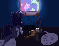 Size: 900x700 | Tagged: safe, artist:goat train, applejack, rarity, earth pony, pony, unicorn, bored, dock, filly, foalsitter, on side, plot, prone, television, underhoof, watching