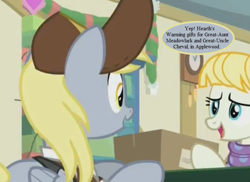 Size: 704x512 | Tagged: safe, edit, edited screencap, screencap, derpy hooves, pony, best gift ever, g1, my little pony tales, clock, cropped, dialogue, female, g1 to g4, generation leap, hat, implied cheval, implied chevalark, implied meadowlark, implied shipping, implied straight, mailmare hat, mare, parcel, speech bubble