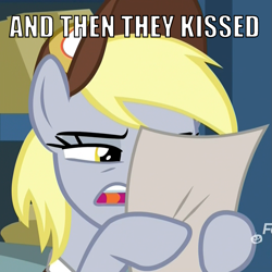 Size: 1025x1024 | Tagged: safe, edit, edited screencap, screencap, derpy hooves, best gift ever, caption, cropped, female, image macro, meme, reaction image, shipping, solo, text