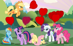 Size: 1950x1219 | Tagged: safe, artist:veggie55, derpibooru import, applejack, fluttershy, pinkie pie, rainbow dash, rarity, twilight sparkle, earth pony, pegasus, pony, unicorn, balloon, heart, heart balloon, magic, mane six, mouth hold