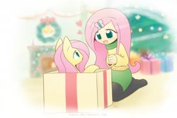 Size: 2250x1500 | Tagged: safe, artist:howxu, fluttershy, human, pony, clothes, cute, howxu is trying to murder us, human ponidox, humanized, pony in a box, present, scarf, shyabetes, stockings, sweater, sweatershy