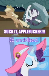 Size: 676x1035 | Tagged: safe, applejack, rarity, earth pony, pony, unicorn, contrast, discorded, image macro, irony, kick, meme, obi wan kenobi, quote, raritea, star wars, tea, vulgar, waif fu