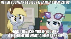 Size: 901x499 | Tagged: safe, edit, edited screencap, screencap, derpy hooves, rarity, pegasus, pony, unicorn, best gift ever, duo, female, gamestop, glasses, hat, image macro, mailmare hat, mare, meme, post office, text