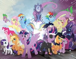 Size: 1000x771 | Tagged: safe, artist:tonyfleecs, derpibooru import, idw, applejack, fluttershy, nightmare rarity, pinkie pie, rainbow dash, rarity, spike, twilight sparkle, twilight sparkle (alicorn), zapp, alicorn, dragon, earth pony, pegasus, pony, unicorn, adult spike, alternate universe, cover, female, flutterbat, future twilight, jpg artifacts, magic mirror, mane seven, mane six, mare, multiverse, older, pinkamena diane pie, power ponies, self ponidox, spikezilla, story in the comments