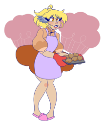 Size: 1280x1514 | Tagged: safe, artist:cubbybatdoodles, derpy hooves, ditzy doo, human, apron, clothes, female, food, humanized, muffin, muffin tray, simple background, solo, transparent background, wing ears