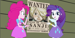 Size: 1280x643 | Tagged: safe, edit, edited screencap, screencap, pinkie pie, rarity, equestria girls, rainbow rocks, exploitable meme, meme, one piece, paper, poster, rainboom's advertisement, vinsmoke sanji, wanted poster