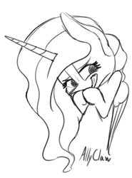 Size: 951x1282 | Tagged: safe, artist:allyclaw, princess celestia, alicorn, pony, giggling, monochrome, sketch, snicker