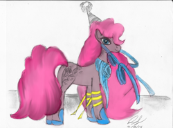Size: 3412x2524 | Tagged: safe, artist:thegreatmewtwo, pinkie pie, earth pony, pony, armor, colored, corrupted, nightmare pinkie, nightmarified, solo