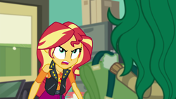 Size: 1920x1080 | Tagged: safe, screencap, sunset shimmer, wallflower blush, better together, equestria girls, forgotten friendship, classroom, clothes, furious, jacket