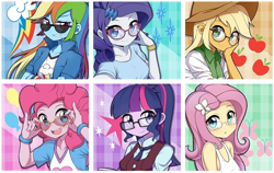 Size: 878x556 | Tagged: safe, artist:caibaoreturn, derpibooru import, applejack, fluttershy, pinkie pie, rainbow dash, rarity, sci-twi, twilight sparkle, equestria girls, clothes, cowboy hat, cropped, cutie mark background, female, glasses, hat, heart shaped glasses, humane five, humane six, looking at you, shirt, smiling, sunglasses