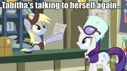 Size: 960x540 | Tagged: safe, edit, edited screencap, screencap, derpy hooves, rarity, pony, unicorn, best gift ever, duo, image macro, meme, multiple personality, post office, tabitha st. germain, text, voice actor joke, winter outfit