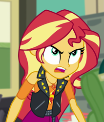 Size: 775x910 | Tagged: safe, screencap, sunset shimmer, better together, equestria girls, forgotten friendship, clothes, cropped, female, geode of empathy, jacket, magical geodes, solo