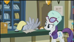 Size: 1280x720 | Tagged: safe, screencap, derpy hooves, rarity, pegasus, pony, unicorn, best gift ever, discovery family logo, duo, female, glasses, hat, mare, post office, spread wings, wings