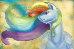 Size: 3000x2000 | Tagged: safe, artist:dragonademetal, derpibooru import, rainbow dash, pegasus, pony, abstract background, alternate hairstyle, female, gradient background, grin, looking up, mare, messy mane, sideways glance, smiling, solo, wing fluff
