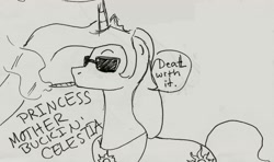 Size: 1947x1151 | Tagged: safe, artist:xxtaraxkitaidexx, princess celestia, alicorn, pony, monochrome, smoking, solo, sunglasses