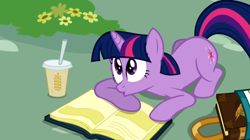 Size: 1050x590 | Tagged: safe, derpibooru import, screencap, twilight sparkle, unicorn twilight, pony, unicorn, mmmystery on the friendship express, book, female, looking up, mare, open book, solo