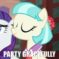 Size: 954x954 | Tagged: safe, derpibooru exclusive, edit, edited screencap, screencap, coco pommel, rarity, pony, unicorn, made in manehattan, animated, cocobetes, cute, eyes closed, headbob, image macro, loop, meme, nodding, party gracefully, party hard, party soft, smiling, solo focus