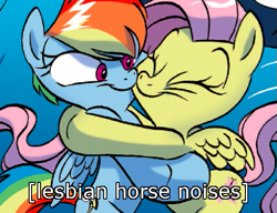 Size: 553x425 | Tagged: safe, artist:jay fosgitt, derpibooru import, idw, fluttershy, rainbow dash, pegasus, pony, spoiler:comic, spoiler:comicff18, cute, descriptive noise, female, flutterdash, horse noises, image macro, lesbian, meme, shipping