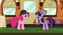 Size: 1050x590 | Tagged: safe, derpibooru import, screencap, pinkie pie, twilight sparkle, unicorn twilight, earth pony, pony, unicorn, mmmystery on the friendship express, bowler hat, bubble pipe, deerstalker, duo, female, hat, mare