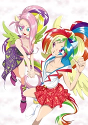 Size: 1102x1561 | Tagged: safe, artist:ddd1983, derpibooru import, fluttershy, rainbow dash, equestria girls, rainbow rocks, armpits, cleavage, eared humanization, female, humanized, light skin, midriff, pixiv, winged humanization