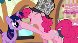 Size: 1050x590 | Tagged: safe, derpibooru import, screencap, pinkie pie, twilight sparkle, unicorn twilight, earth pony, pony, unicorn, mmmystery on the friendship express, cake, deerstalker, eyes closed, female, food, hat, mare, open mouth, pointing, raised hoof