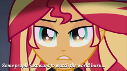 Size: 1920x1080 | Tagged: safe, edit, edited screencap, editor:apex soundwave, screencap, sunset shimmer, human, equestria girls, my past is not today, close-up, evil, female, image macro, implied death, solo, text, the dark knight