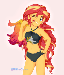 Size: 3000x3500 | Tagged: safe, artist:katakiuchi4u, sunset shimmer, equestria girls, equestria girls series, forgotten friendship, adorasexy, armpits, belly button, bikini, bikini babe, black swimsuit, breasts, clothes, commission, cute, cutie mark swimsuit, female, freckles, jeweled swimsuit, looking at you, one eye closed, sarong, sexy, shimmerbetes, sleeveless, smiling, solo, stupid sexy sunset shimmer, summer sunset, sunset swimsuit, swimsuit, underass, undressed, wink