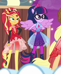 Size: 604x722 | Tagged: safe, screencap, applejack, sci-twi, sunset shimmer, twilight sparkle, equestria girls, equestria girls series, rollercoaster of friendship, boots, clothes, cropped, dress, female, glasses, hand on hip, hands on hip, offscreen character, pantyhose, ponied up, pony ears, ponytail, scitwilicorn, shoes, skirt, sleeveless, super ponied up, wings