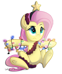 Size: 1457x1734 | Tagged: safe, artist:drawntildawn, fluttershy, pegasus, pony, christmas lights, female, fluttertree, mare, simple background, solo, transparent background, underhoof