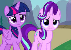 Size: 1532x1072 | Tagged: safe, edit, edited screencap, editor:mycarhasamoustache, screencap, starlight glimmer, twilight sparkle, twilight sparkle (alicorn), alicorn, pony, unicorn, the times they are a changeling, duo, duo female, female, lidded eyes, smiling