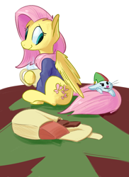 Size: 800x1100 | Tagged: safe, artist:goat train, angel bunny, fluttershy, pegasus, pony, bottomless, clothes, coffee mug, duo, elf hat, hat, hoof hold, looking at something, looking back, mug, partial nudity, redraw, saddle bag, shirt, smiling, sweater, sweatershy, wings