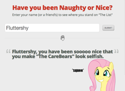 Size: 781x570 | Tagged: safe, fluttershy, pegasus, pony, exploitable meme, female, grin, have you been naughty or nice?, mare, meme, santa claus, smiling, solo, squee