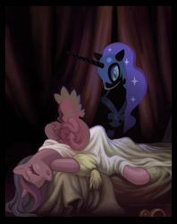 Size: 679x858 | Tagged: safe, artist:chaosrruruus, derpibooru import, nightmare moon, spike, twilight sparkle, dragon, bed, blanket, eyes closed, fine art parody, henry fuseli, on back, open mouth, parody, sleep paralysis, sleeping, the nightmare