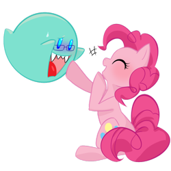 Size: 900x900 | Tagged: safe, artist:bigbuxart, pinkie pie, earth pony, ghost, pony, blushing, boo (super mario), crossover, cute, eyes closed, female, laughing, mare, open mouth, simple background, smiling, super mario bros., sweatdrop, transparent background