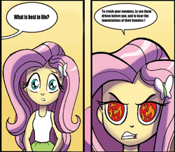 Size: 740x642 | Tagged: safe, edit, idw, fluttershy, equestria girls, spoiler:comic, comic, conan the barbarian, destroy all enemies, exploitable, exploitable meme, gaming, meme, text edit, this will end in tears