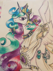 Size: 1024x1371 | Tagged: dead source, safe, artist:nastylady, artist:sonicwolf02, princess celestia, alicorn, pony, clothes, dress, female, jewelry, mare, smiling, solo, traditional art