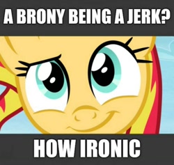 Size: 1080x1024 | Tagged: safe, edit, edited screencap, editor:apex soundwave, screencap, sunset shimmer, pony, unicorn, equestria girls, caption, cloud, image macro, impact font, ironic, irony, jerk, op is a cuck, op is on drugs, op is trying to start shit, reaction image, shimmerposting, smiling, solo, text